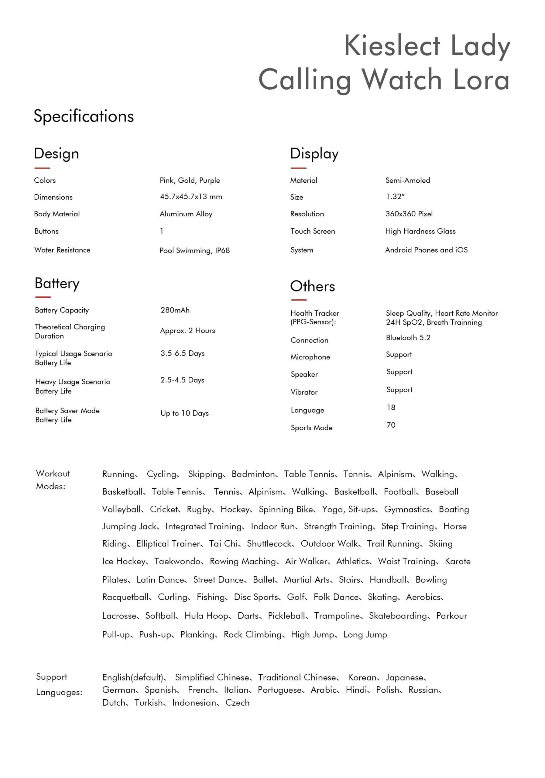  Kieslect Lady Calling Smartwatch Lora specification