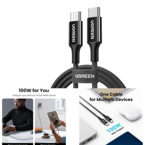 UGREEN 1Meter 100W 5A Max Type-C to Type-C PD Fast Charging Silicone Braided Cable – US557 - 15275
